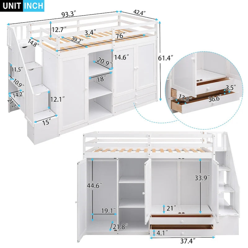 Lit mezzanine fonctionnel avec 3 étagères, 2 armoires, 2 tiroirs, échelle de rangement
