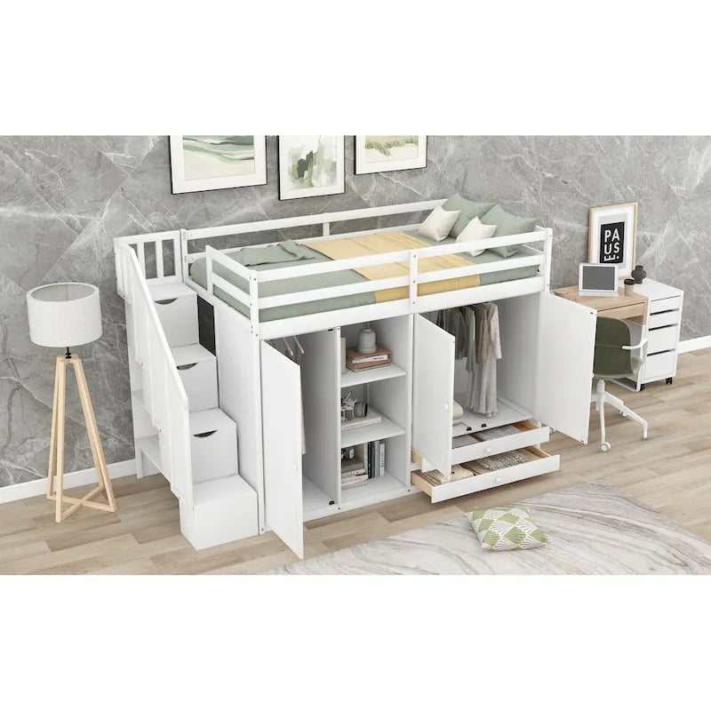 Lit mezzanine fonctionnel avec 3 étagères, 2 armoires, 2 tiroirs, échelle de rangement