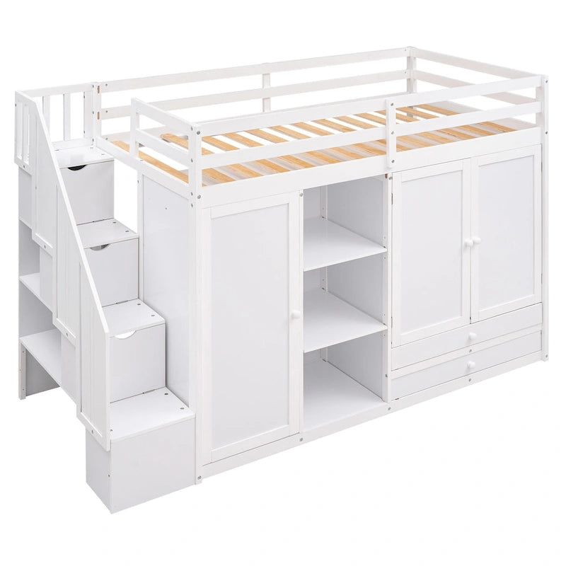 Lit mezzanine fonctionnel avec 3 étagères, 2 armoires, 2 tiroirs, échelle de rangement