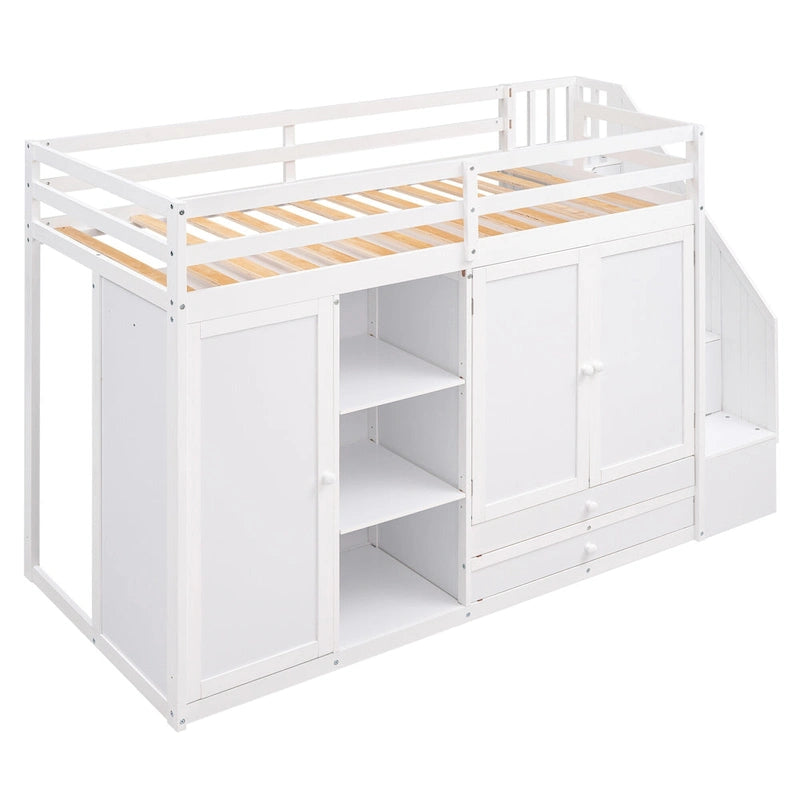 Lit mezzanine fonctionnel avec 3 étagères, 2 armoires, 2 tiroirs, échelle de rangement