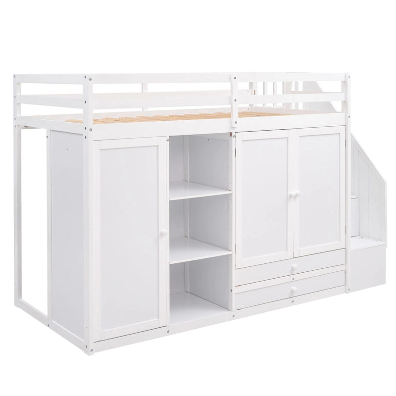 Lit mezzanine fonctionnel avec 3 étagères, 2 armoires, 2 tiroirs, échelle de rangement