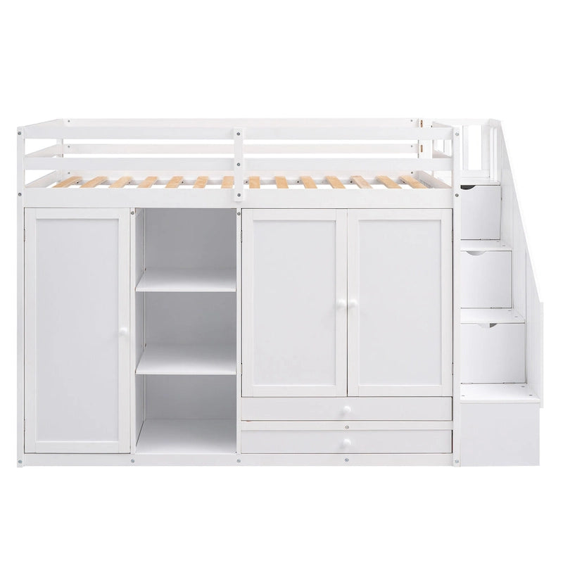 Lit mezzanine fonctionnel avec 3 étagères, 2 armoires, 2 tiroirs, échelle de rangement