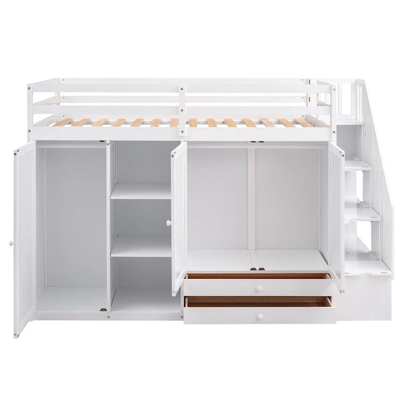 Lit mezzanine fonctionnel avec 3 étagères, 2 armoires, 2 tiroirs, échelle de rangement