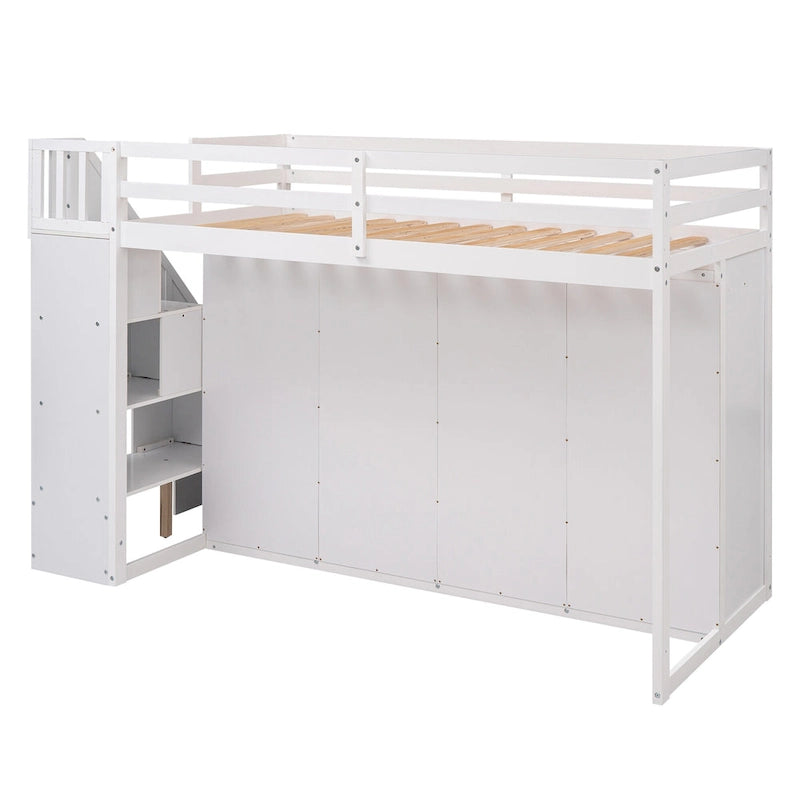Lit mezzanine fonctionnel avec 3 étagères, 2 armoires, 2 tiroirs, échelle de rangement