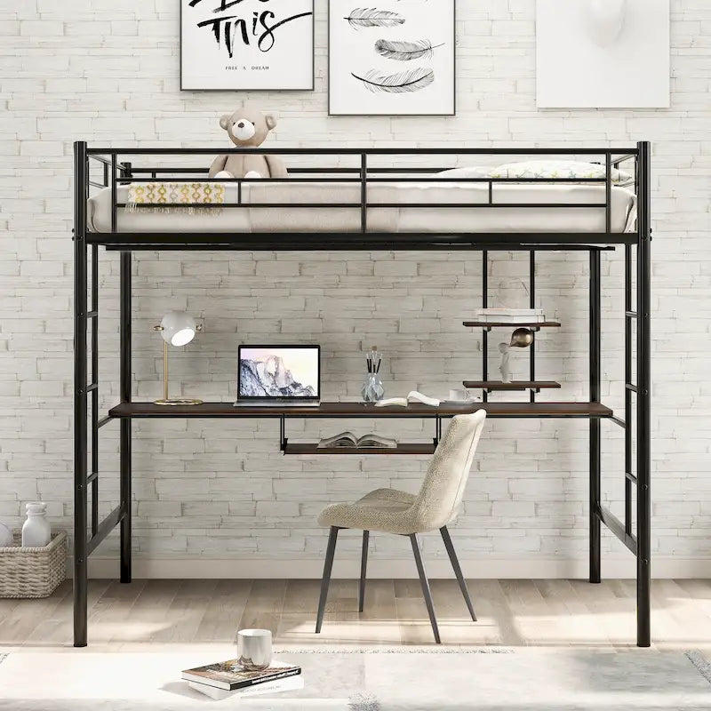 Lit mezzanine double avec bureau, étagères de rangement, échelles