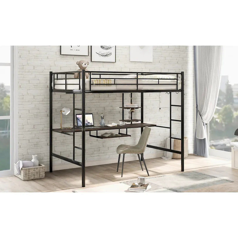 Loft Bed Full Size w/Desk, Storage Shelves, Ladders Full Bed Frame