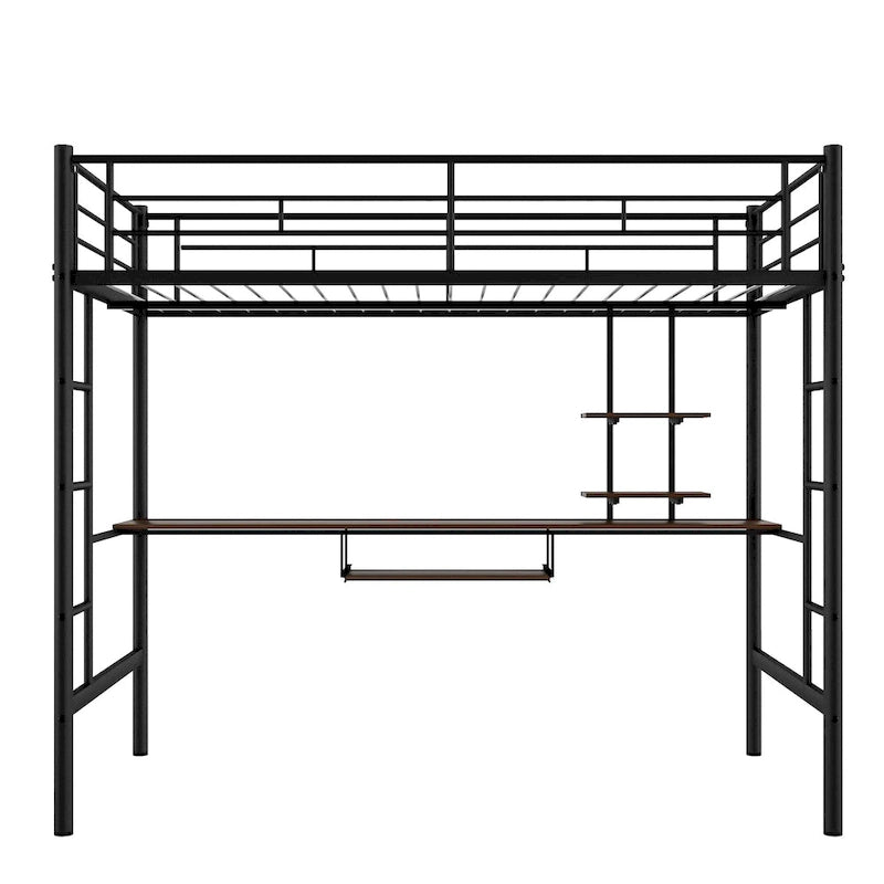 Lit mezzanine double avec bureau, étagères de rangement, échelles