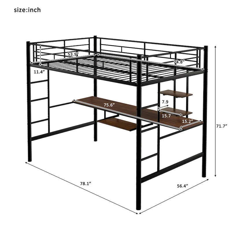 Lit mezzanine double avec bureau, étagères de rangement, échelles