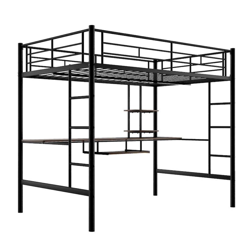 Lit mezzanine double avec bureau, étagères de rangement, échelles