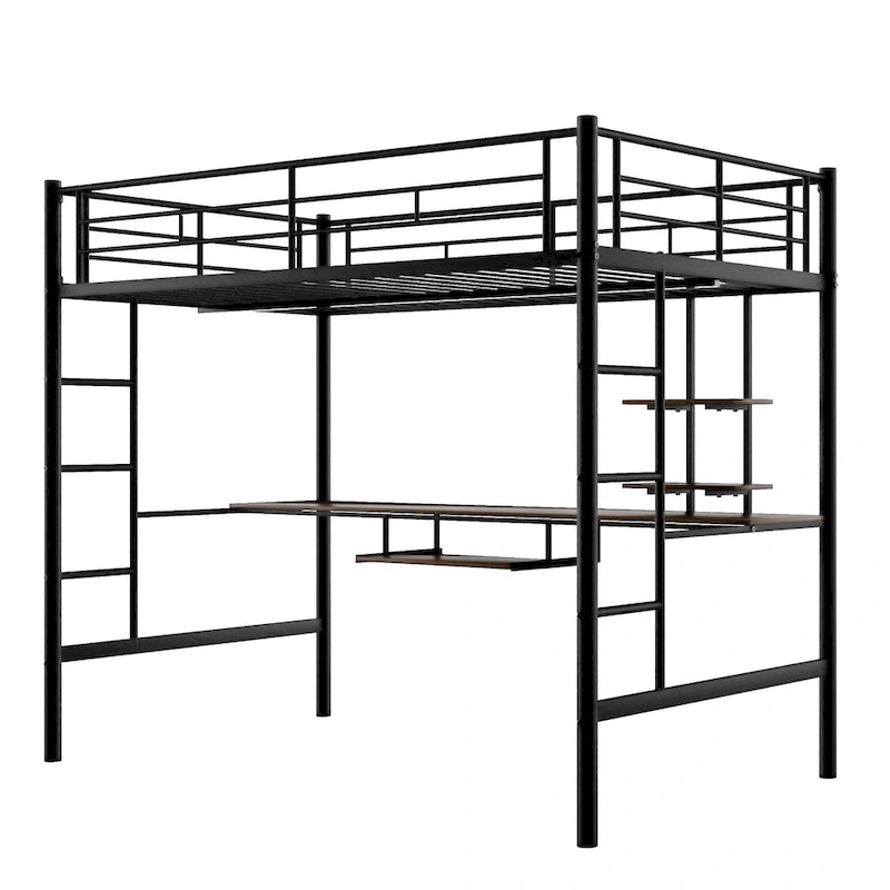 Lit mezzanine double avec bureau, étagères de rangement, échelles