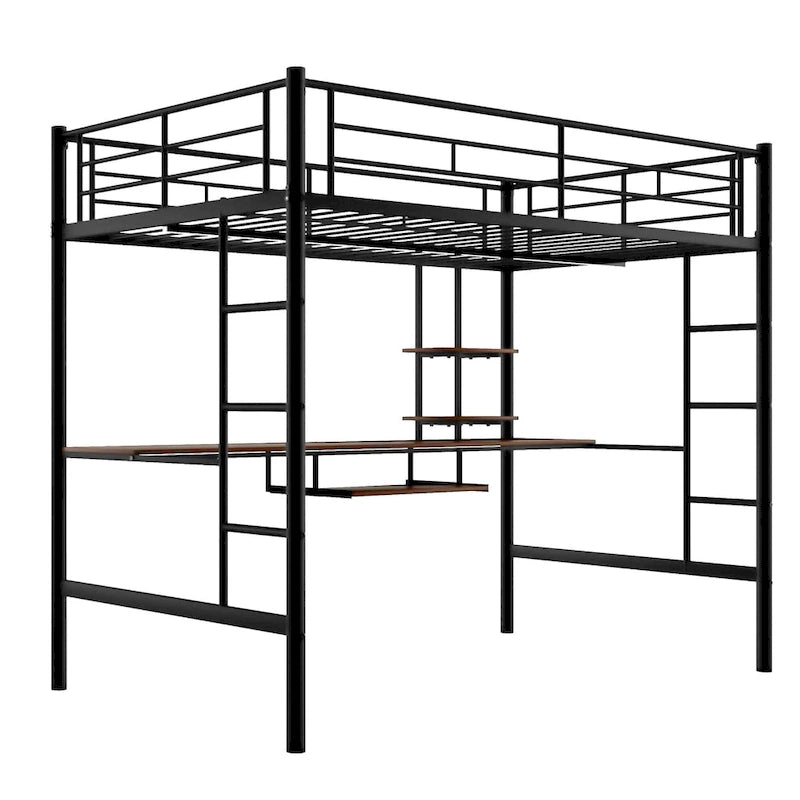 Lit mezzanine double avec bureau, étagères de rangement, échelles
