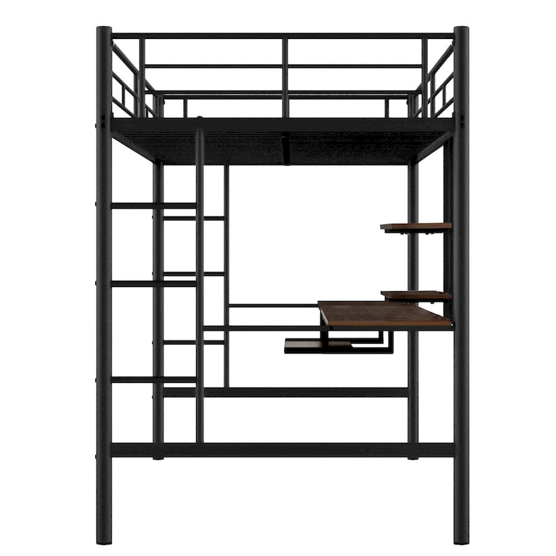 Lit mezzanine double avec bureau, étagères de rangement, échelles