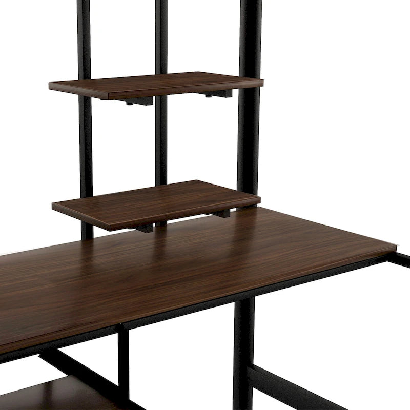 Lit mezzanine double avec bureau, étagères de rangement, échelles