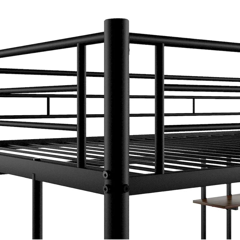 Lit mezzanine double avec bureau, étagères de rangement, échelles