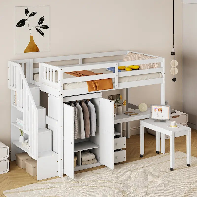 Lit mezzanine simple avec escalier, étagère, bureau et armoire - Meuble multifonctionnel et peu encombrant pour enfants et adolescents - Blanc