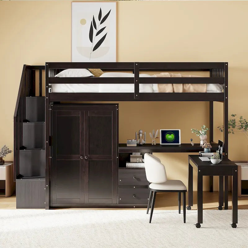 Lit mezzanine simple avec escalier, étagère, bureau et armoire - Meuble multifonctionnel et peu encombrant pour enfants et adolescents - Blanc