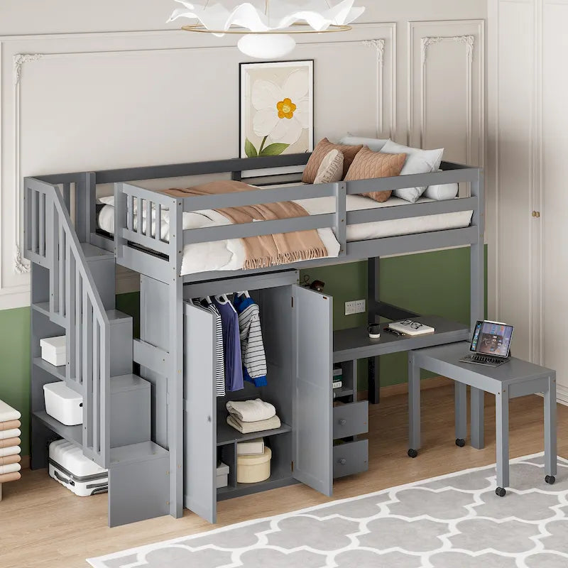 Lit mezzanine simple avec escalier, étagère, bureau et armoire - Meuble multifonctionnel et peu encombrant pour enfants et adolescents - Blanc