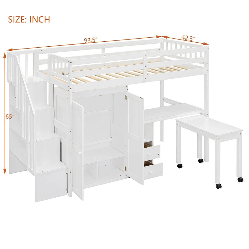 Twin Size Loft Bed with Stairs, Bookshelf, Desk & Wardrobe - Space-Saving Multifunctional Furniture for Kids & Teens-White