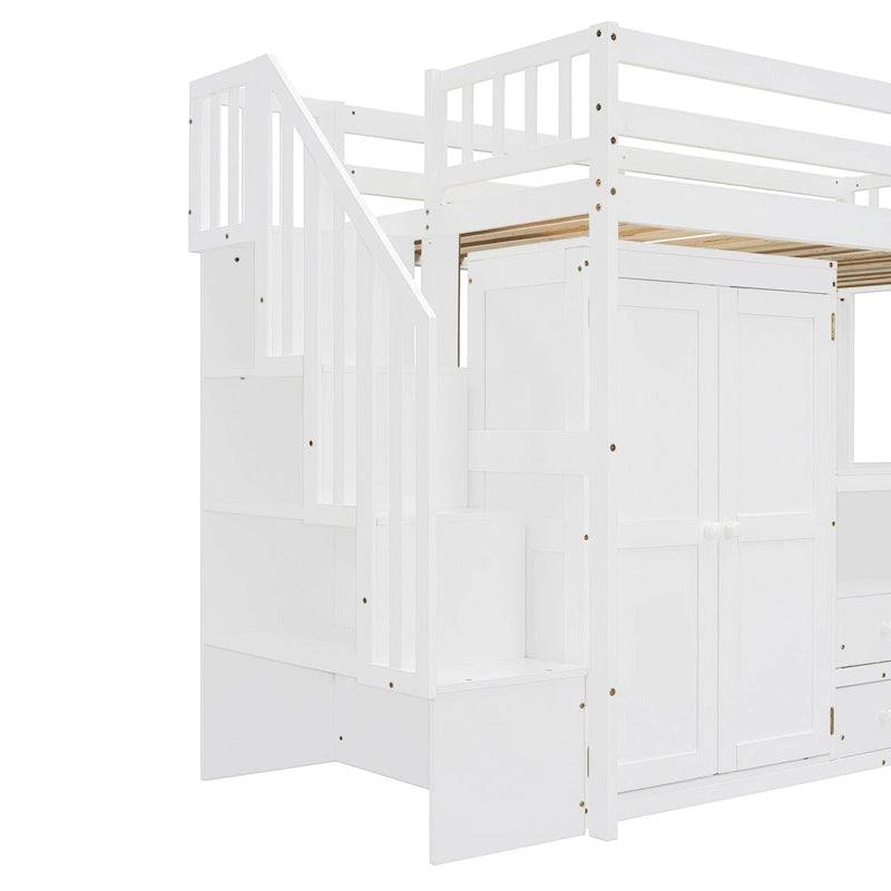 Lit mezzanine simple avec escalier, étagère, bureau et armoire - Meuble multifonctionnel et peu encombrant pour enfants et adolescents - Blanc