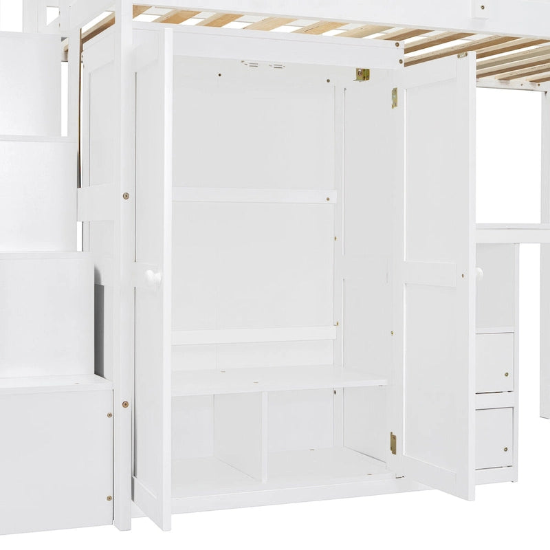 Lit mezzanine simple avec escalier, étagère, bureau et armoire - Meuble multifonctionnel et peu encombrant pour enfants et adolescents - Blanc