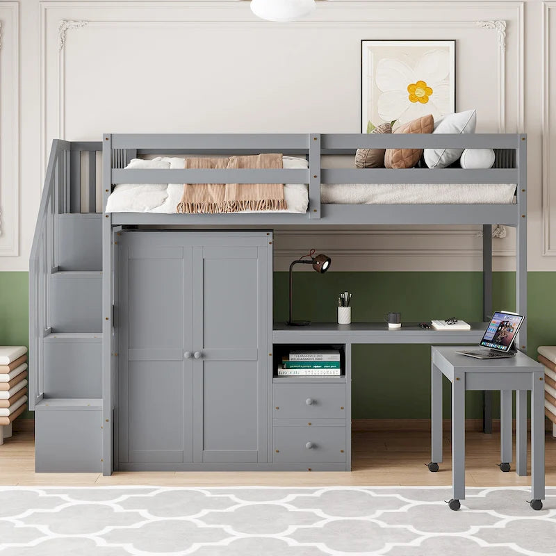 Lit mezzanine simple avec escalier, étagère, bureau et armoire - Meuble multifonctionnel et peu encombrant pour enfants et adolescents - Blanc