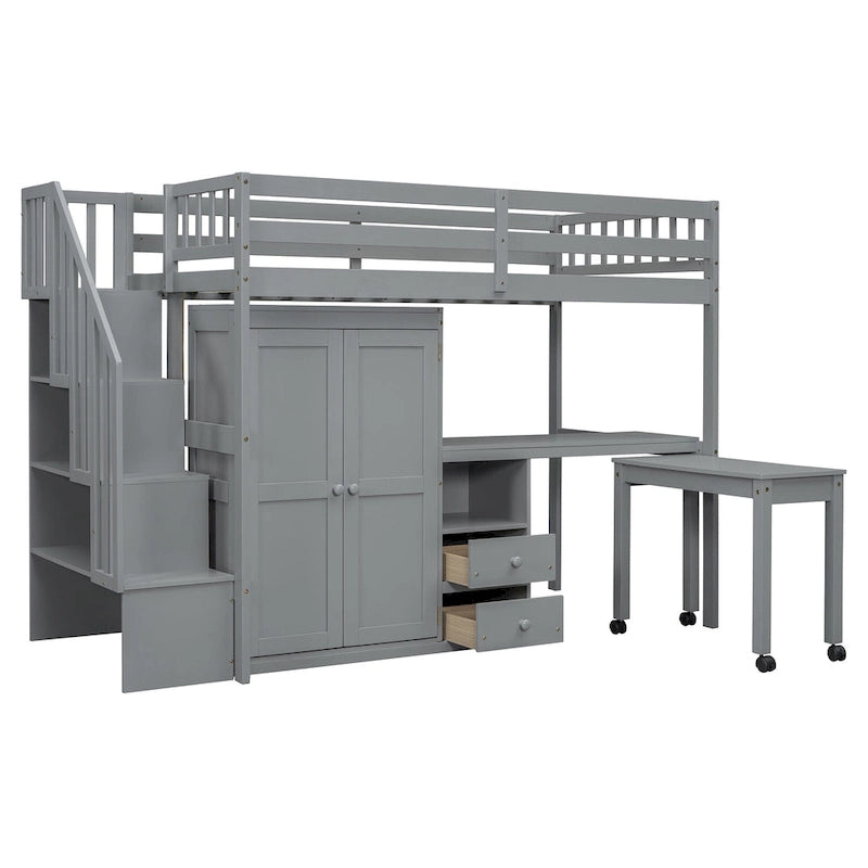 Lit mezzanine simple avec escalier, étagère, bureau et armoire - Meuble multifonctionnel et peu encombrant pour enfants et adolescents - Blanc