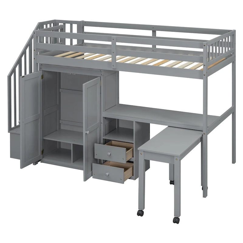 Lit mezzanine simple avec escalier, étagère, bureau et armoire - Meuble multifonctionnel et peu encombrant pour enfants et adolescents - Blanc