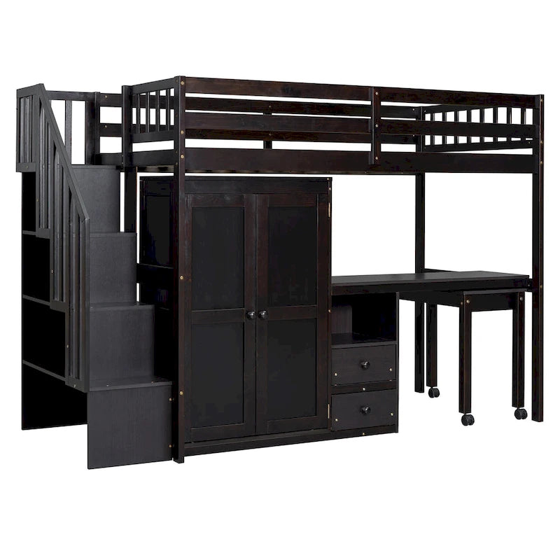 Lit mezzanine simple avec escalier, étagère, bureau et armoire - Meuble multifonctionnel et peu encombrant pour enfants et adolescents - Blanc