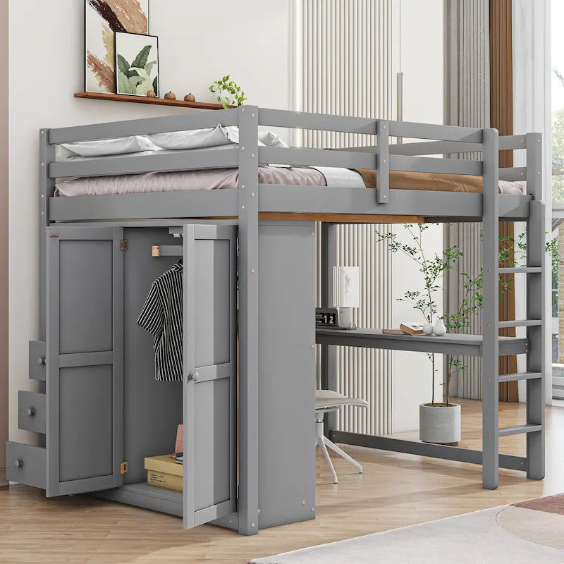 Lit mezzanine double en bois avec armoire intégrée, bureau et étagères de rangement