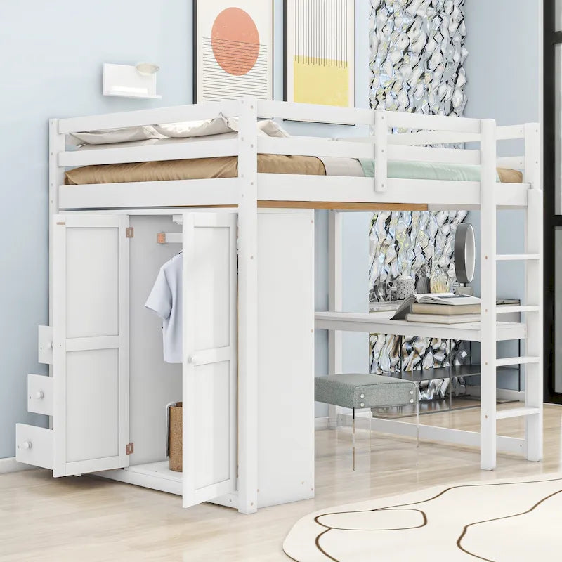 Lit mezzanine double en bois avec armoire intégrée, bureau et étagères de rangement