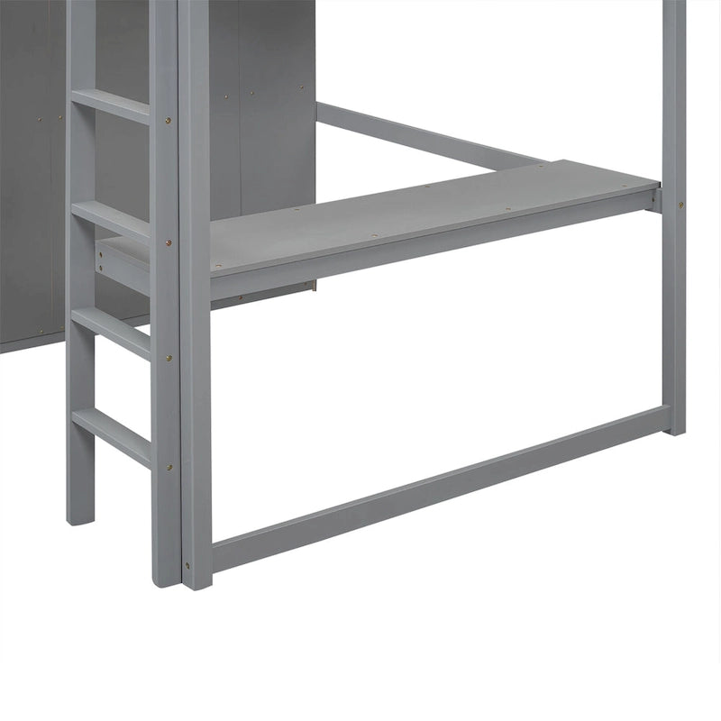 Lit mezzanine double en bois avec armoire intégrée, bureau et étagères de rangement