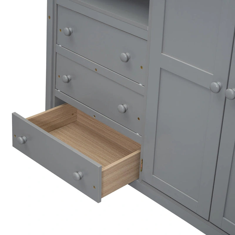 Lit mezzanine double en bois avec armoire intégrée, bureau et étagères de rangement