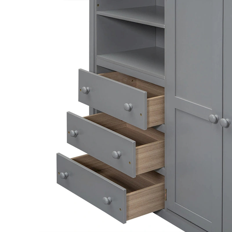 Lit mezzanine double en bois avec armoire intégrée, bureau et étagères de rangement