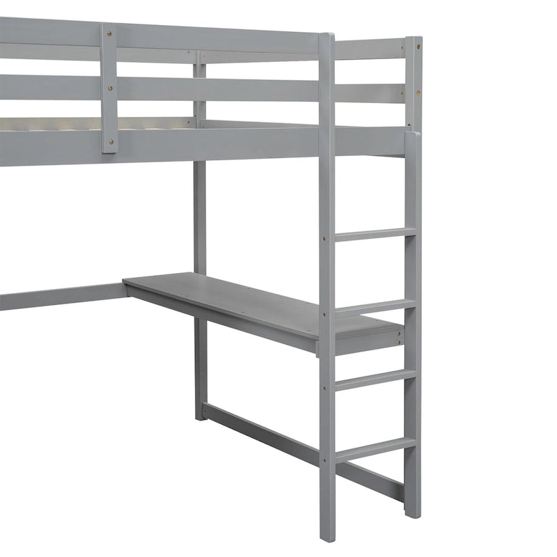 Lit mezzanine double en bois avec armoire intégrée, bureau et étagères de rangement