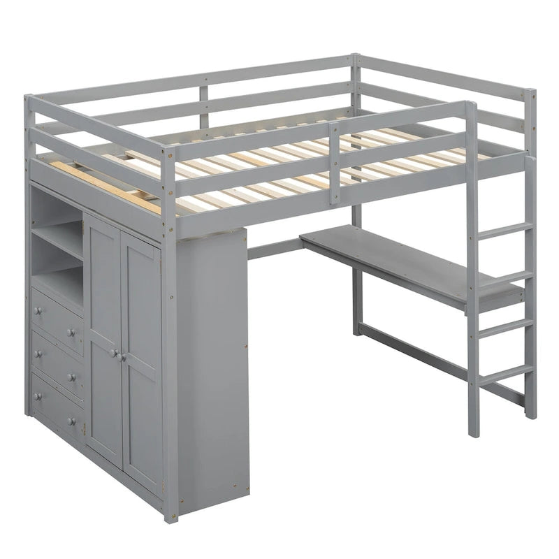 Lit mezzanine double en bois avec armoire intégrée, bureau et étagères de rangement