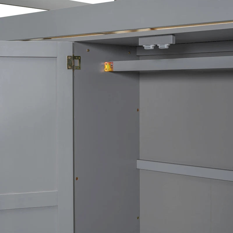 Lit mezzanine double en bois avec armoire intégrée, bureau et étagères de rangement