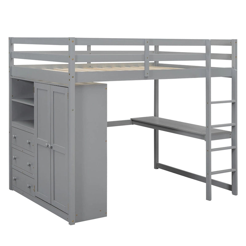 Lit mezzanine double en bois avec armoire intégrée, bureau et étagères de rangement