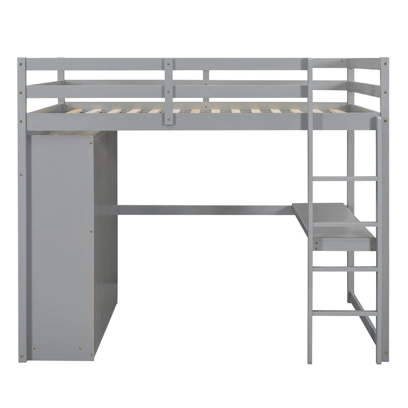 Lit mezzanine double en bois avec armoire intégrée, bureau et étagères de rangement