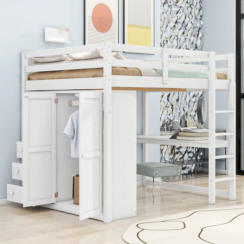 Lit mezzanine double en bois avec armoire intégrée, bureau et étagères de rangement
