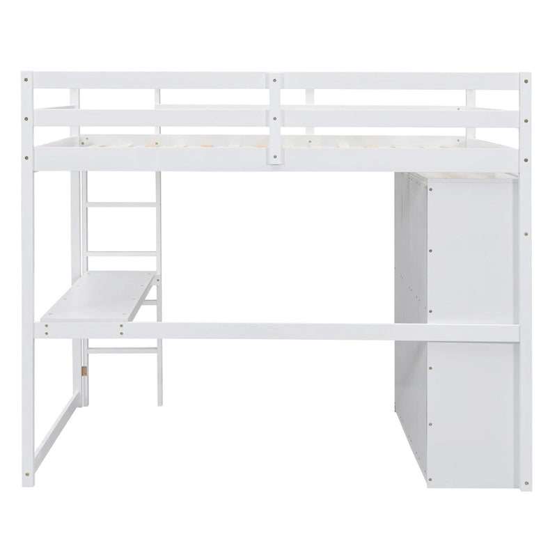 Lit mezzanine double en bois avec armoire intégrée, bureau et étagères de rangement