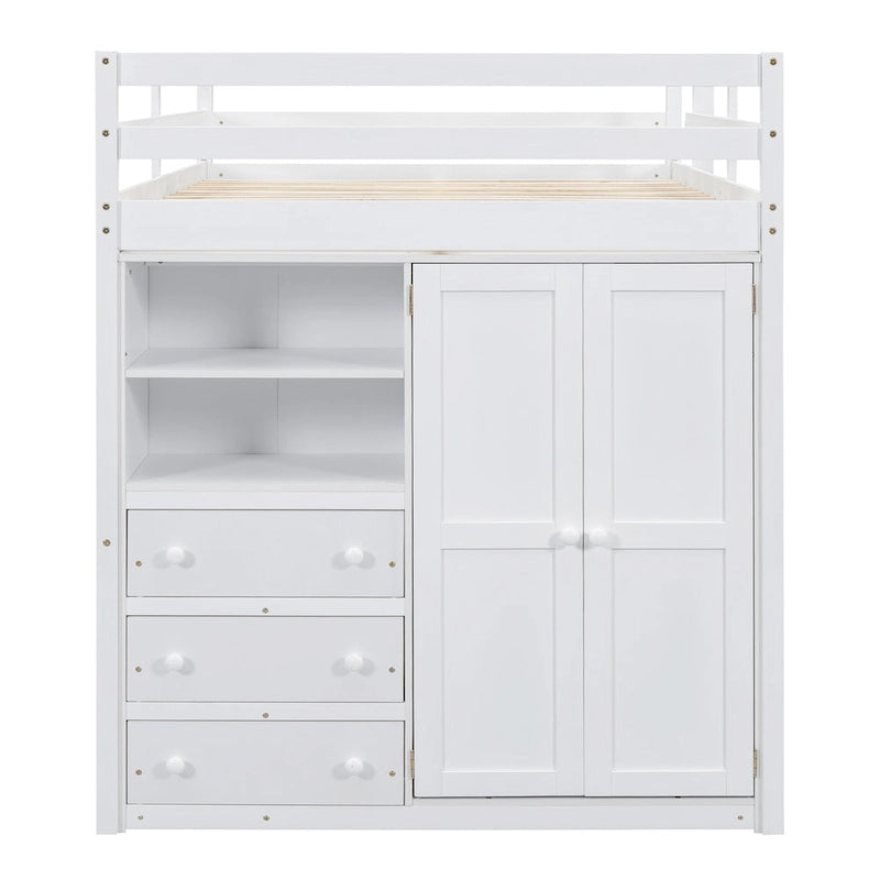 Lit mezzanine double en bois avec armoire intégrée, bureau et étagères de rangement
