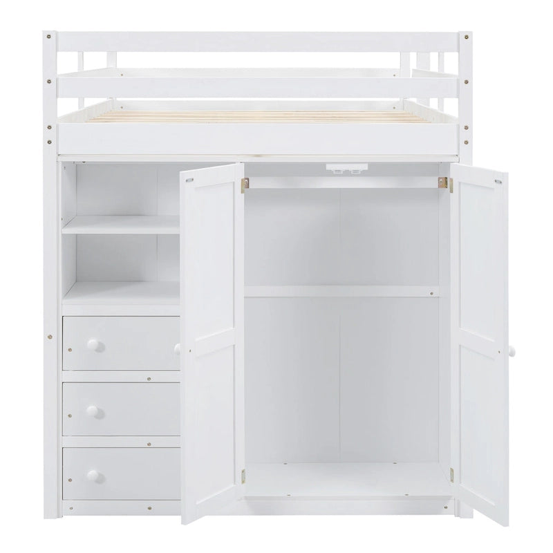 Lit mezzanine double en bois avec armoire intégrée, bureau et étagères de rangement