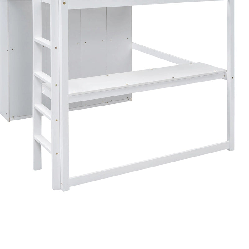 Lit mezzanine double en bois avec armoire intégrée, bureau et étagères de rangement