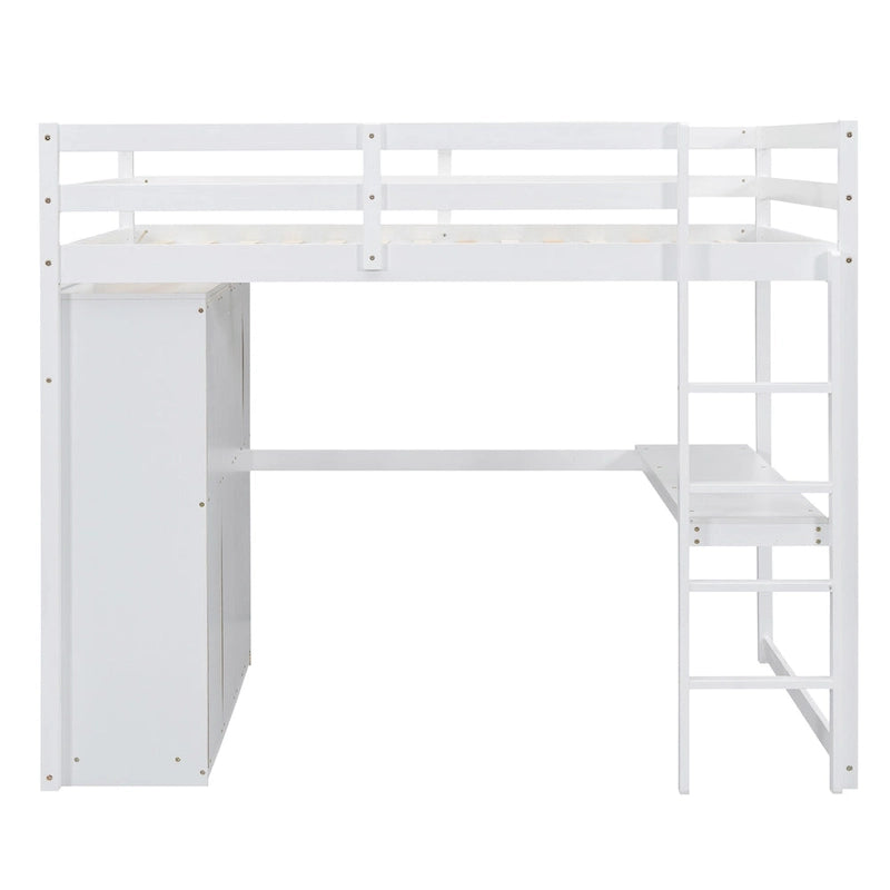 Lit mezzanine double en bois avec armoire intégrée, bureau et étagères de rangement