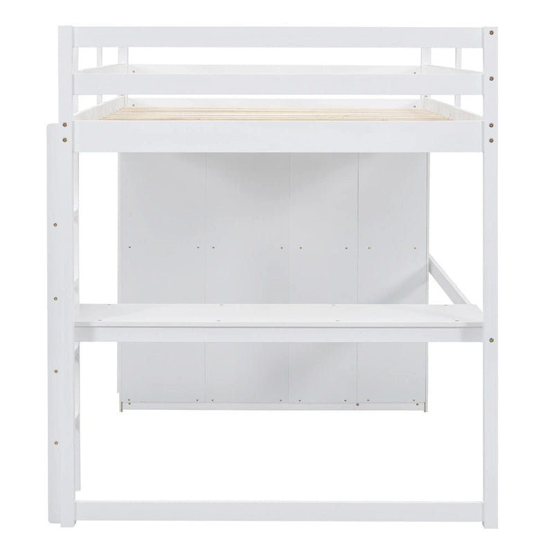Lit mezzanine double en bois avec armoire intégrée, bureau et étagères de rangement