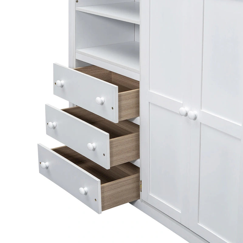 Lit mezzanine double en bois avec armoire intégrée, bureau et étagères de rangement