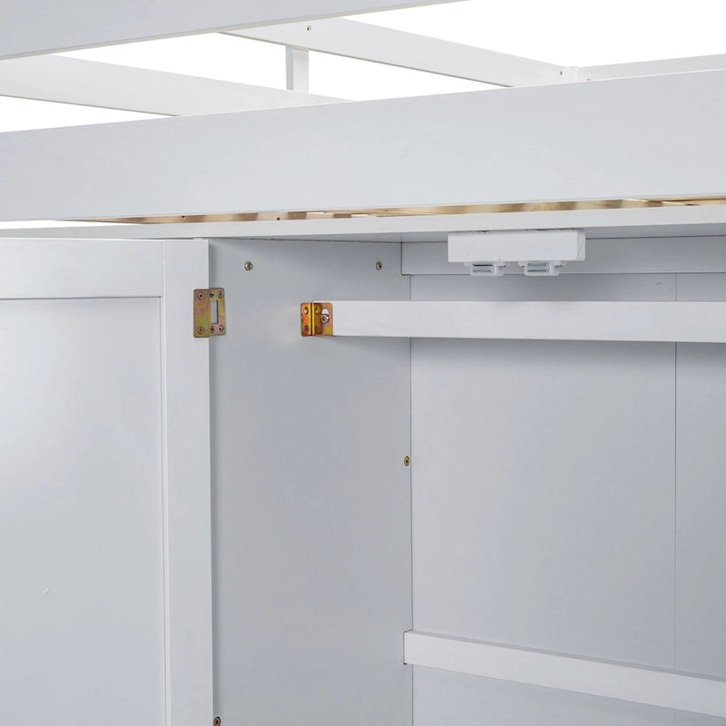Lit mezzanine double en bois avec armoire intégrée, bureau et étagères de rangement