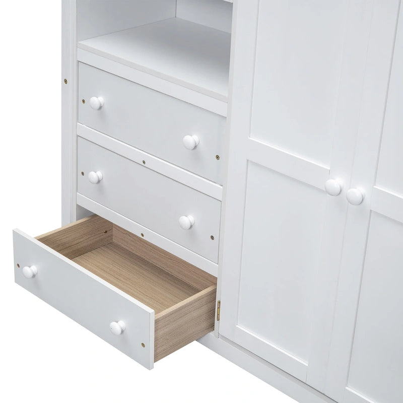 Lit mezzanine double en bois avec armoire intégrée, bureau et étagères de rangement