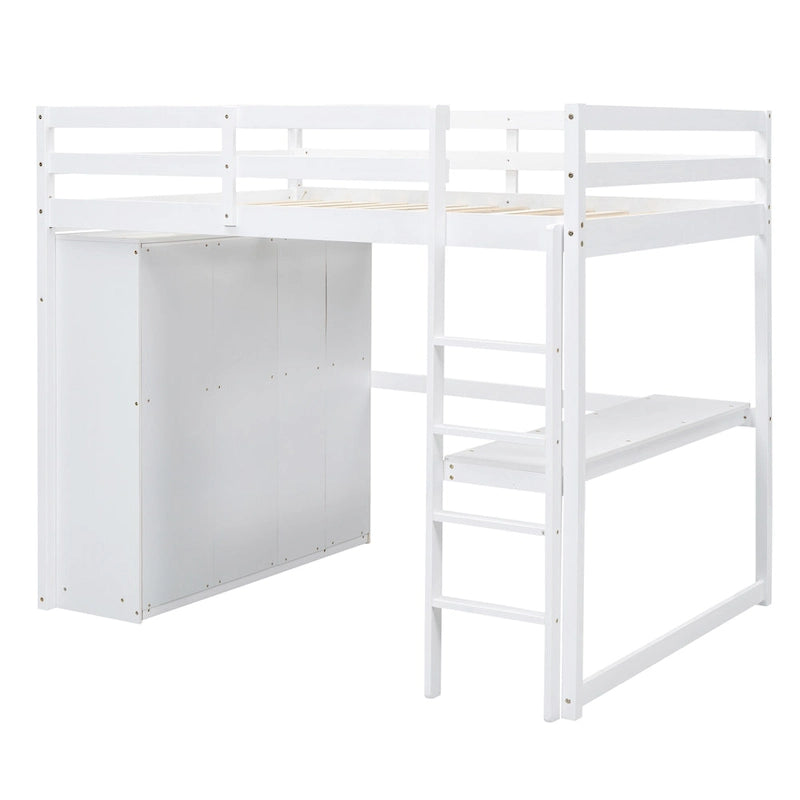 Lit mezzanine double en bois avec armoire intégrée, bureau et étagères de rangement