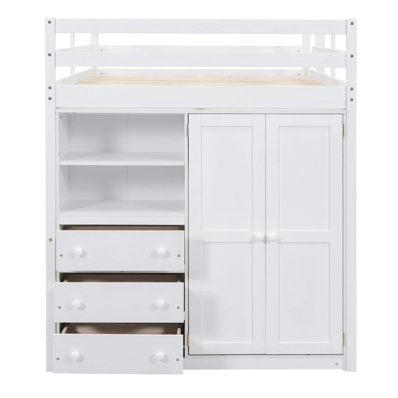 Lit mezzanine double en bois avec armoire intégrée, bureau et étagères de rangement